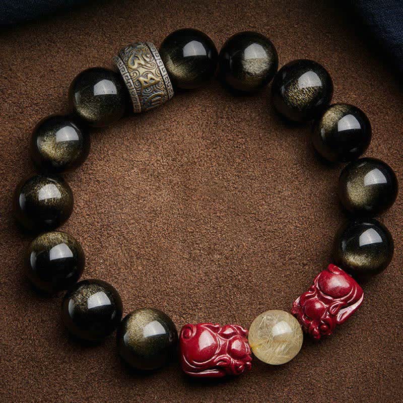 Buddha Stones Złoty Połysk Obsydian PiXiu Cynober Om Mani Padme Hum Bransoletka Ochronna