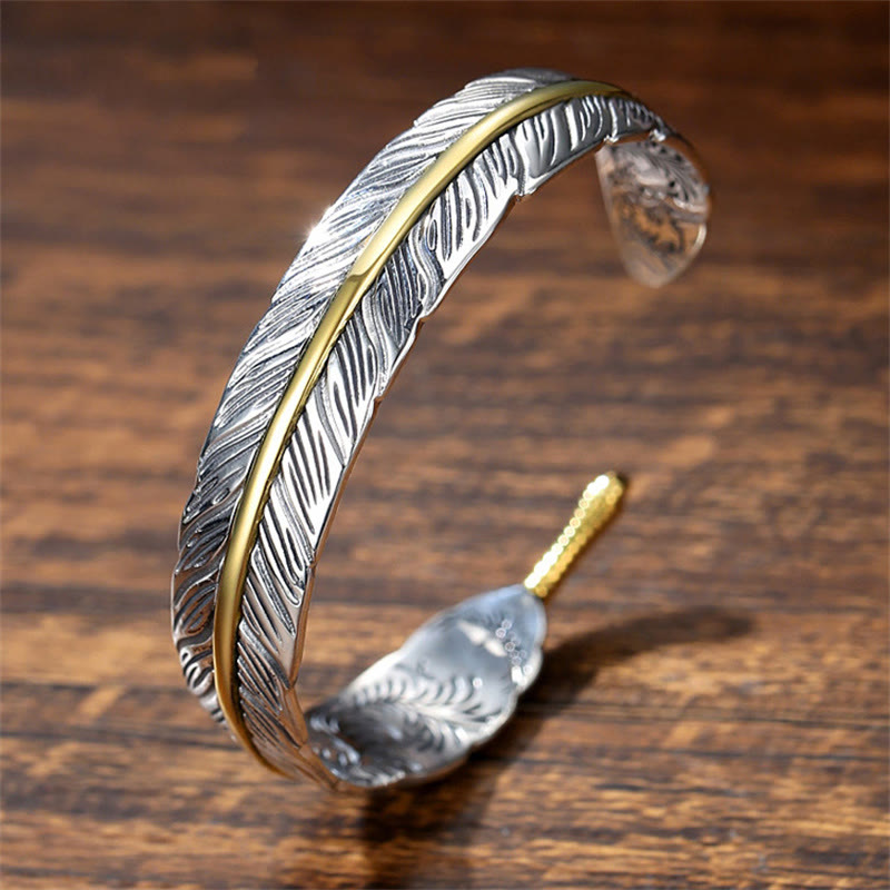 Buddha Stones Wzór Piór Rzeźbiony Szczęście Bogactwo Mankiet Bransoletka Bangle