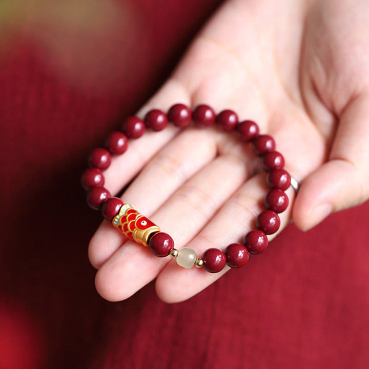 Buddha Stones Naturalne Cynober Szczęśliwe Ryby Koi Hetian Jade Koraliki Bransoletka Błogosławieństwa
