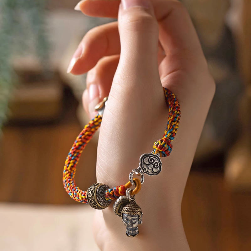 Buddha Stones Ręcznie robione Tybetańskie 925 Srebro Chiński Zodiak Natal Budda Zakiram Bogini Ochrony Bogactwa Wielokolorowa Bransoletka Pleciona Lina