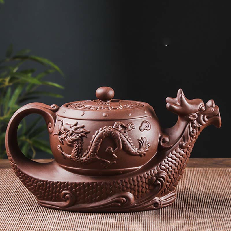 Buddha Stones Vintage Dragon Pomyślne Chmury Fioletowa Glina Ceramiczny Czajnik