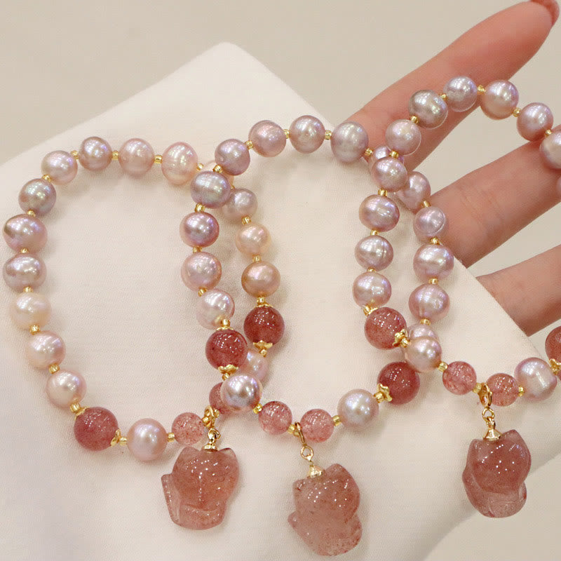 Buddha Stones Naturalne Perły Truskawkowe Kwarcowe Urocze Lisy Miłość Uzdrawiająca Bransoletka