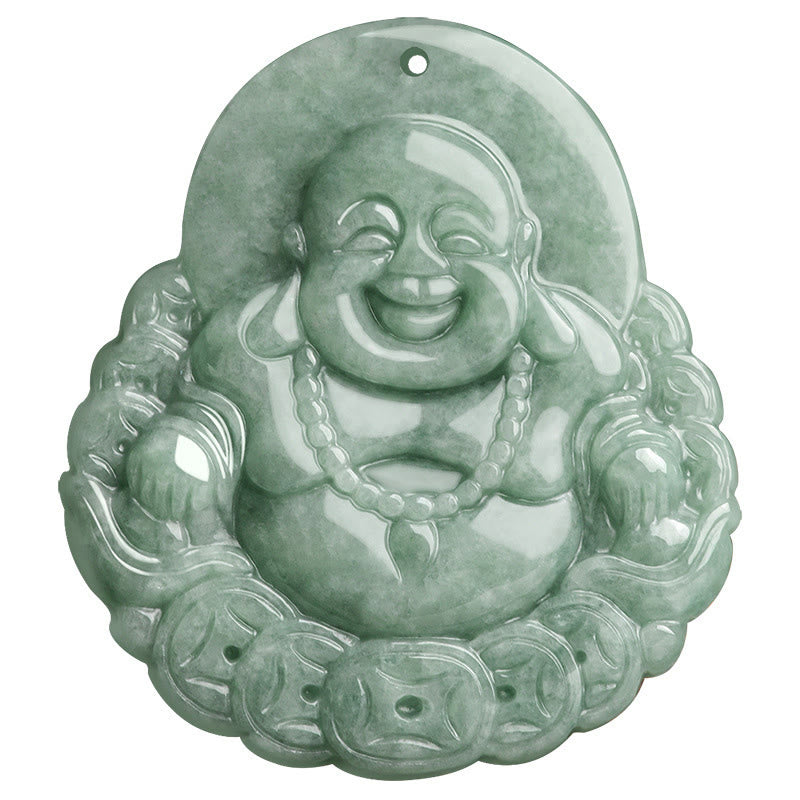 Buddha Stones Śmiejący się Budda Naturalny Jade Miedziana Moneta Obfitość Naszyjnik Wisiorek - image 9