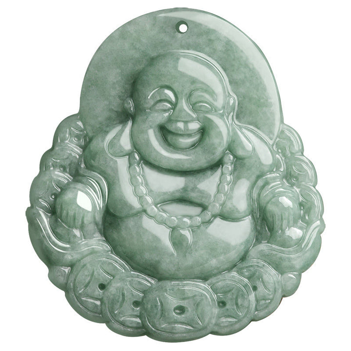 Buddha Stones Śmiejący się Budda Naturalny Jade Miedziana Moneta Obfitość Naszyjnik Wisiorek - image 9