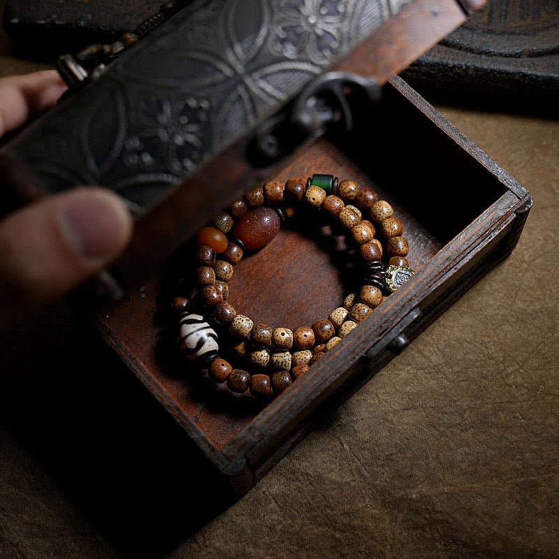 Buddha Stones Tybetańskie Nasiona Bodhi Bursztyn Dzi Koralik Agat Zakiram Bogini Bogactwa Koraliki Bransoletka Potrójnie Owijana