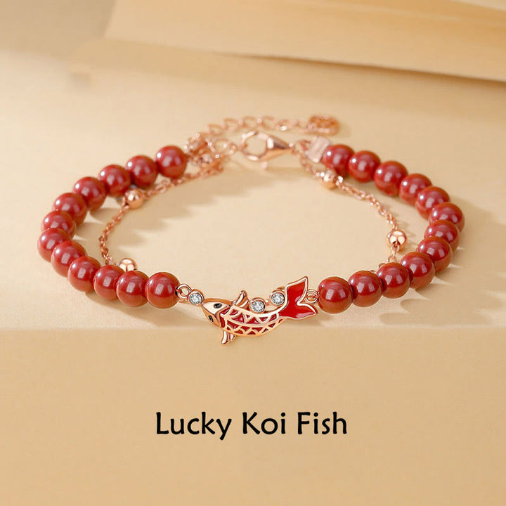 Bransoletka z podwójnym łańcuszkiem Buddha Stones 925 Sterling Silver Lucky Koi Fish Cinnabar Zircon Prosperity