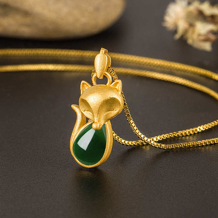 Buddha Stones Zielony Chalcedon Wzór Lisa Naszyjnik Wisiorek Odwaga