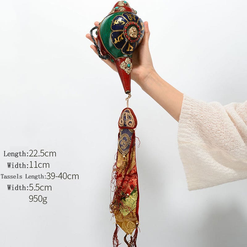 Tybetańska, ręcznie robiona Shankha Om Mani Padme Hum Budda Avalokitesvara turkusowa muszla pozytywna dekoracja - Om Mani Padme Hum-Budda Amoghasiddhi 22,5*11 cm - image 21