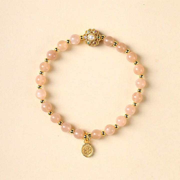 Buddha Stones 14K pozłacane Naturalny Kwarc Truskawkowy Labradoryt Kamień Słoneczny Fu Charakter Pozytywny Charm Bransoletka