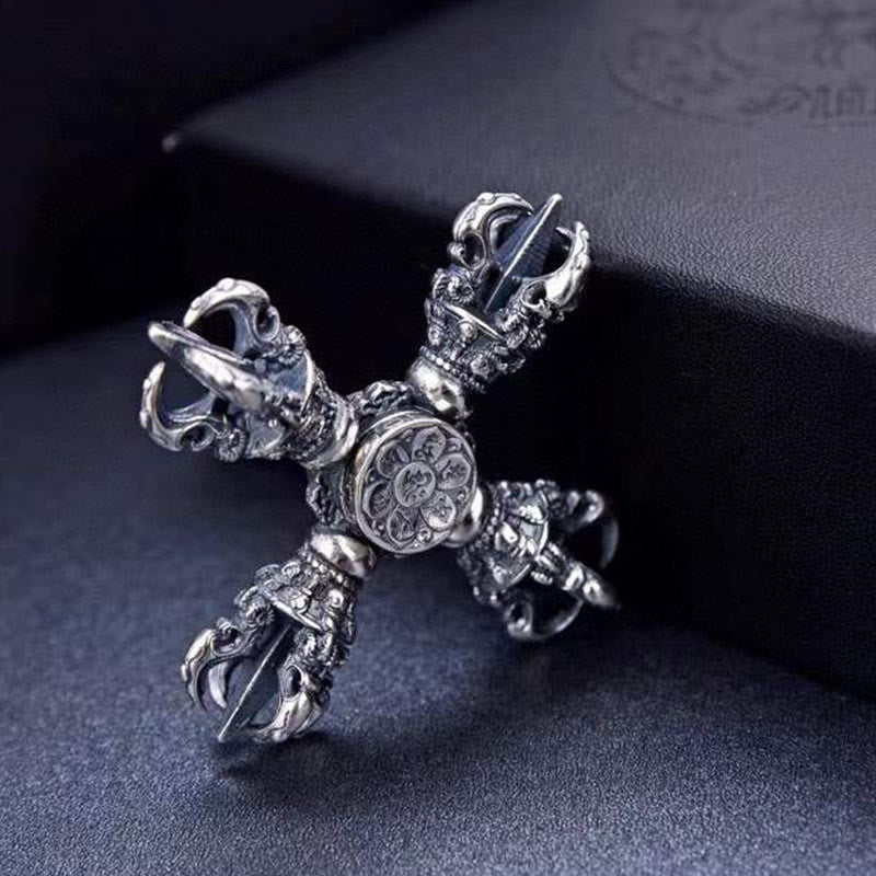 Buddha Stones Tybetańskie 925 Srebro Podwójne Dorje Wadżra Grawerowane Wisiorki Mocy Duchowej - image 4