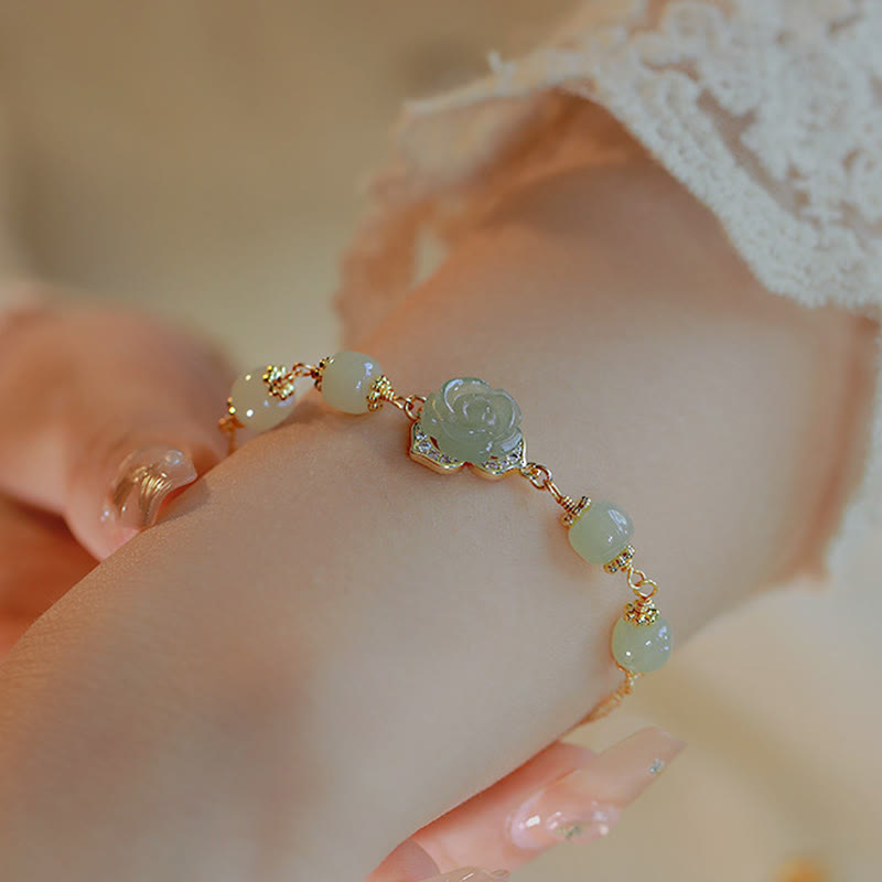 Bransoletka z łańcuszkiem szczęścia z Buddha Stones 14K pozłacana jadeitem Hetian i różą
