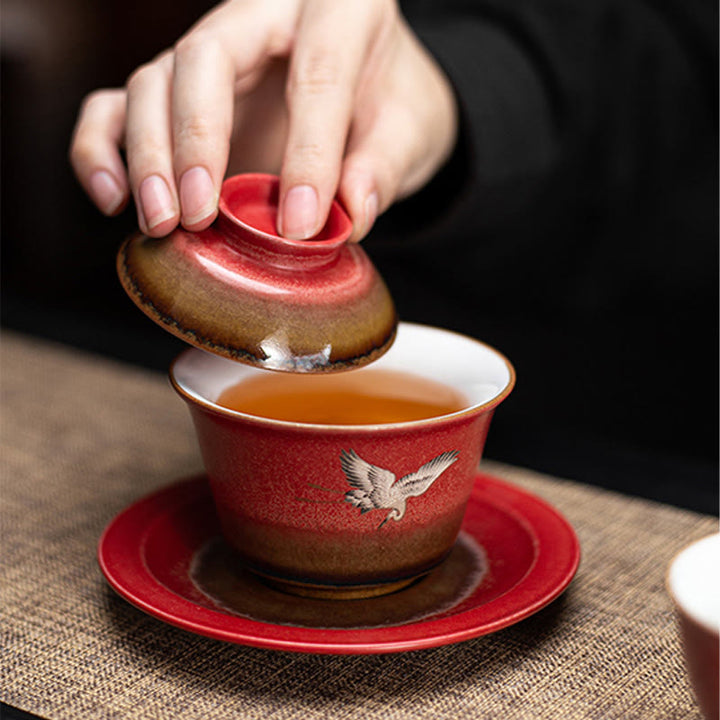 Buddha Stones Czerwony Pomyślny Żuraw Ceramiczny Gaiwan Sancai Filiżanka Kung Fu Filiżanka I Spodek Z Pokrywką