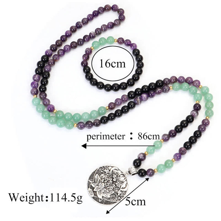 Buddha Stones 108 Mala Beads Ametyst Zielony Awenturyn Lotus Medytacyjna Bransoletka - image 15