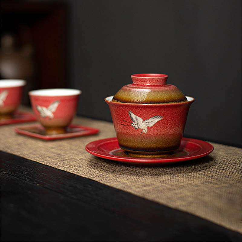 Buddha Stones Czerwony Pomyślny Żuraw Ceramiczny Gaiwan Sancai Filiżanka Kung Fu Filiżanka I Spodek Z Pokrywką