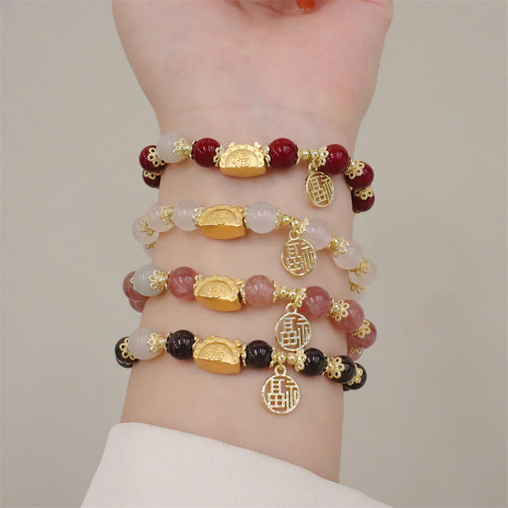 Buddha Stones Rok Smoka Czerwony Agat Kwarc Truskawkowy Czarny Obsydian Jadeit Granat Perła Cynober Pierożek Smok Szczęście Fu Bransoletka - image 2