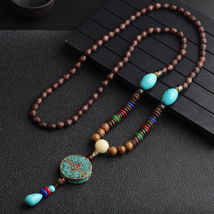 Buddha Stones Turkusowe Koraliki Dzi Koło Modlitewne Naszyjnik Medytacyjny Z Drewna Wenge - Turkusowy (syntetyczny) - image 0