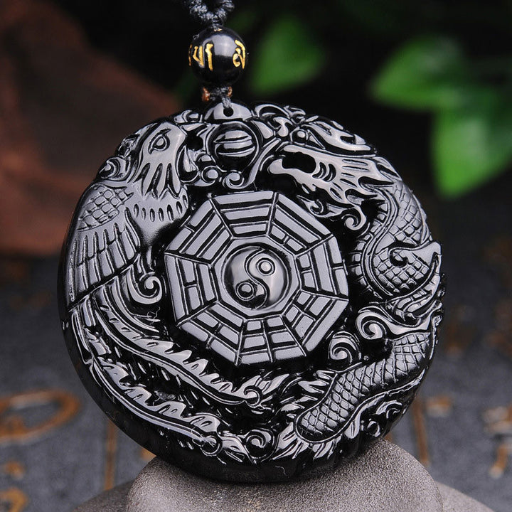 Buddha Stones Naszyjnik z wisiorkiem Bagua Dragon Phoenix Obsydian Spełnienie - image 2