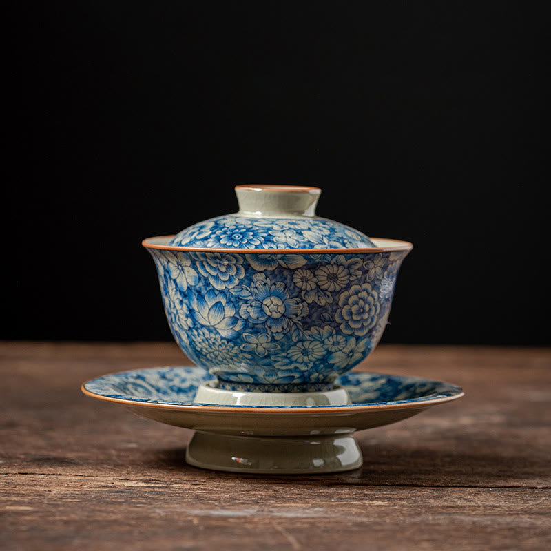 Buddha Stones Vintage Niebieski I Biały Porcelana Brzoskwiniowy Kwiat Lotosu Piwonia Ceramiczny Gaiwan Sancai Filiżanka Kung Fu Filiżanka Do Herbaty I Spodek Z Pokrywką - image 1