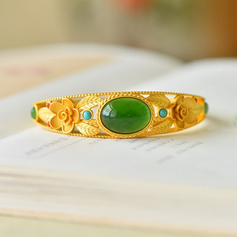 Buddha Stones Cyjan Jade Biały Jade Kwiat Liść Harmonia Szczęście Bransoletka Bangle