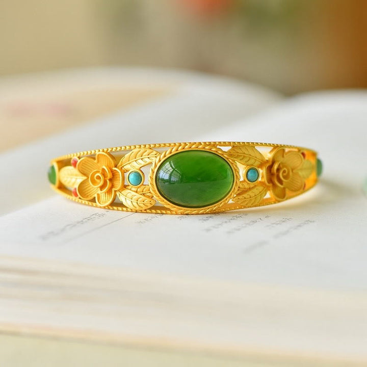 Buddha Stones Cyjan Jade Biały Jade Kwiat Liść Harmonia Szczęście Bransoletka Bangle