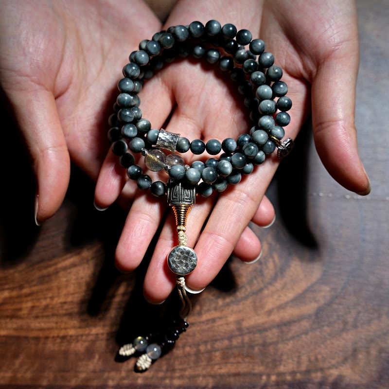 Buddha Stones 925 Srebro Sterling 108 Koraliki Mala Kamień Orle Oko Kamień Księżycowy Pozytywna Bransoletka