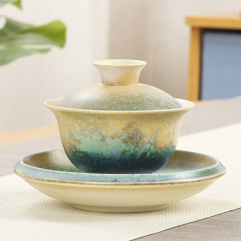 Buddha Stones Zielone Fale Oceaniczne Projekt Porcelany Ceramiczny Gaiwan Sancai Filiżanka Kung Fu Filiżanka I Spodek Z Pokrywką