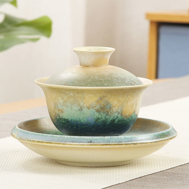 Buddha Stones Zielone Fale Oceaniczne Projekt Porcelany Ceramiczny Gaiwan Sancai Filiżanka Kung Fu Filiżanka I Spodek Z Pokrywką