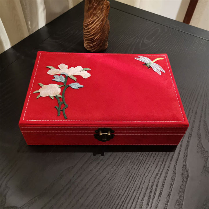 Buddha Stones Kwiaty Ważka Pudełko Organizator Biżuterii Jednowarstwowe Pudełko Do Przechowywania Biżuterii Flanelowe Pudełko