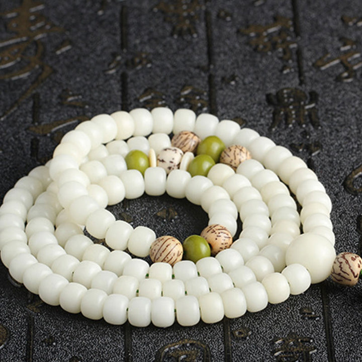 Buddha Stones Biały Jadeit Bodhi Lotus Mala Harmony Naszyjnik Bransoletka