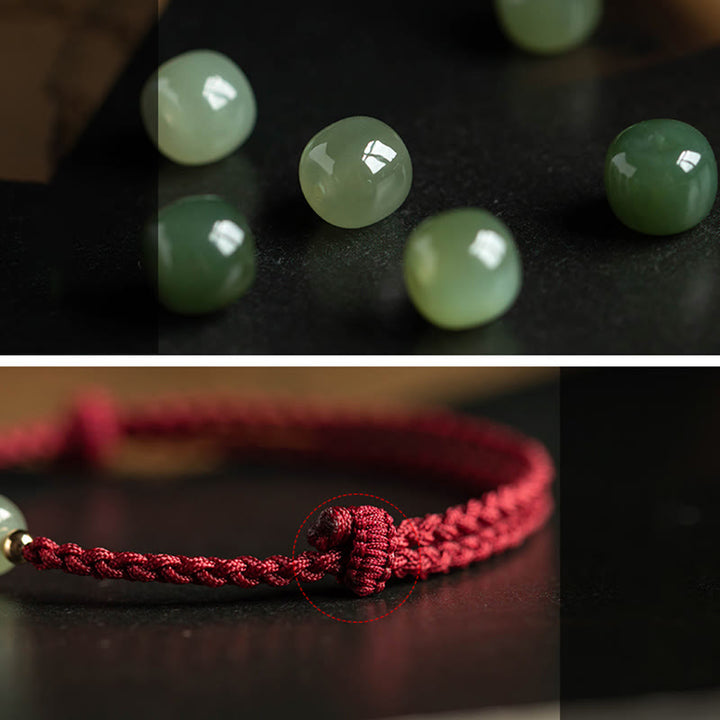Buddha Stones Naturalny Cynober Chiński Zodiak Hetian Jade Fu Charakter Szczęścia Bransoletka Lina