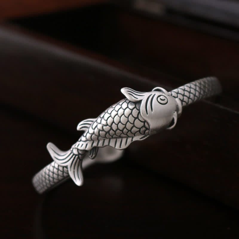 Buddha Stones 990 Srebro Sterling Ryba Koi Lotos Szczęście Bogactwo Bransoletka Bangle