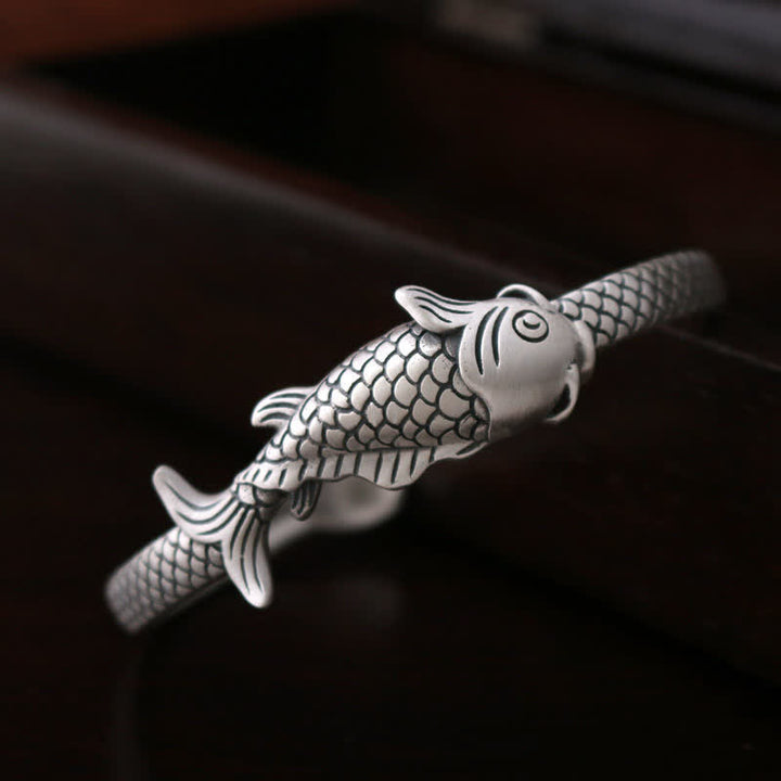 Buddha Stones 990 Srebro Sterling Ryba Koi Lotos Szczęście Bogactwo Bransoletka Bangle