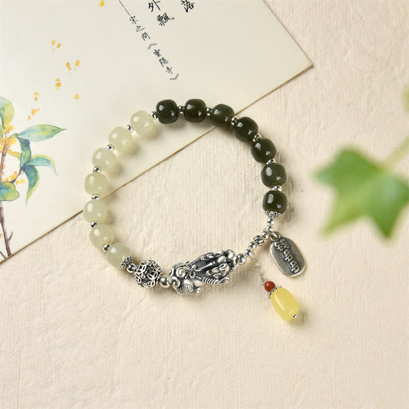 Buddha Stones 925 Srebro Sterling Naturalny Hetian Jade Bursztyn Bransoletka PiXiu Luck