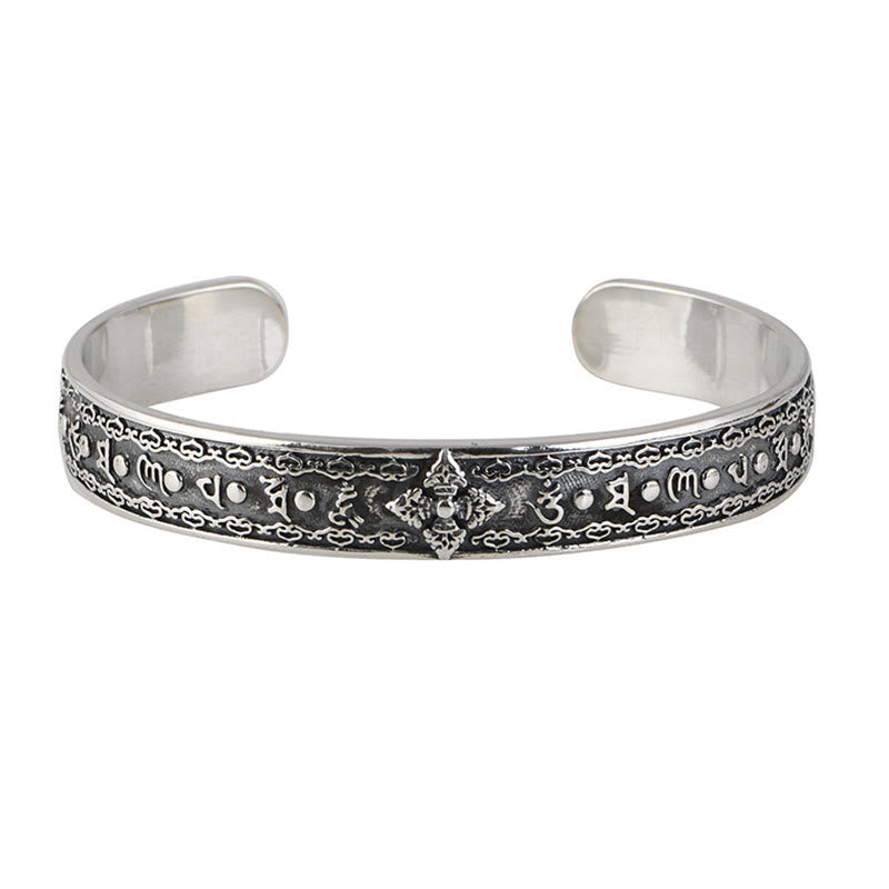 Buddha Stones 925 Srebro Sterlingowe Om Mani Padme Hum Podwójna Dorje Grawerowana Mądrość Bransoletka Mankiet Bangle