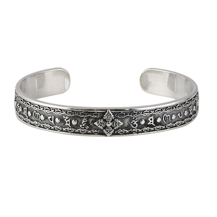 Buddha Stones 925 Srebro Sterlingowe Om Mani Padme Hum Podwójna Dorje Grawerowana Mądrość Bransoletka Mankiet Bangle