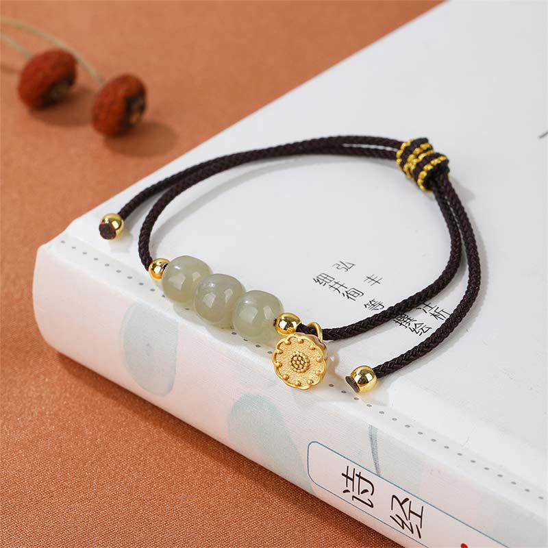 Buddha Stones Ręcznie Robione Hetian Jade Koraliki Lotus Pod Bransoletka Pleciona Dobrobyt Szczęście