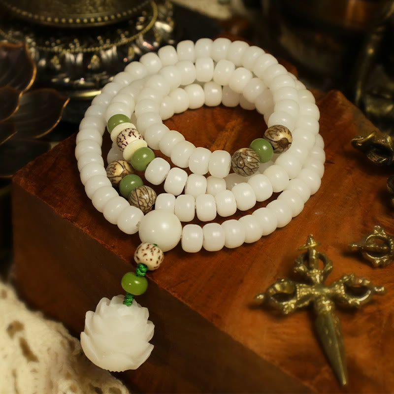 Buddha Stones Biały Jadeit Bodhi Lotus Mala Harmony Naszyjnik Bransoletka