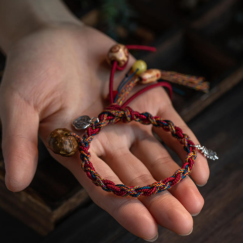 Buddha Stones Tybetańskie Ręcznie Robione Kolorowe Nici 925 Srebro Sterling Ochrona Ryb Koi Siła Bransoletka Sznurkowa