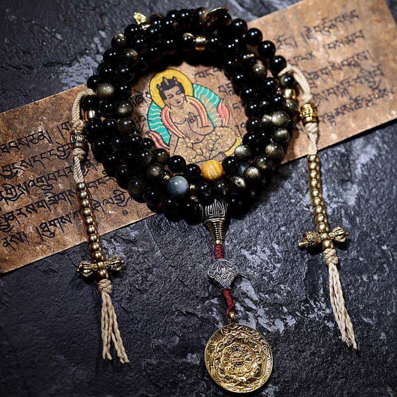 Buddha Stones 108 Mala Beads Złoty połysk Obsydian Tygrysie Oko Orle Oko Kamień Bransoletka Bogactwa