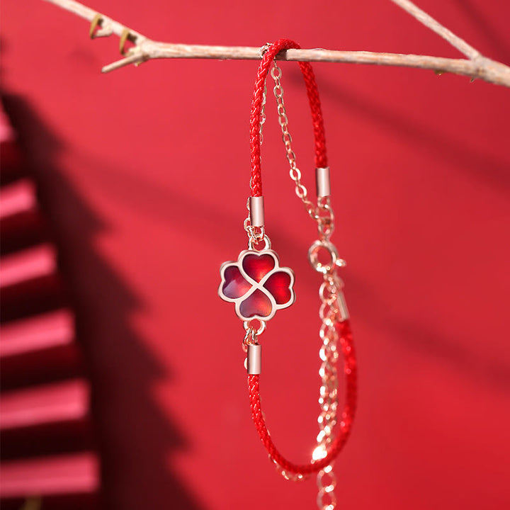 Bransoletka Buddha Stones 925 Sterling Silver Color Changing Four Leaf Clover Luck Protection Red String