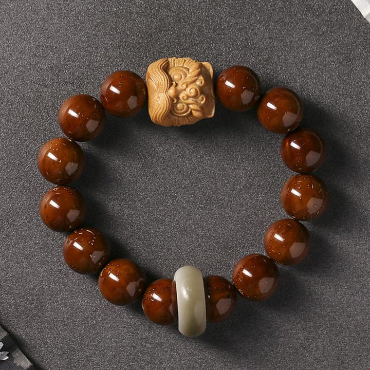 Bransoletka z Buddha Stones Fioletowe Nasiona Bodhi Tańczący Lew Mądrość