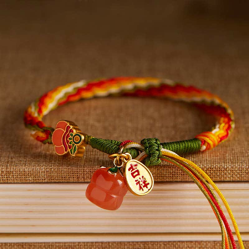 Bransoletka ze sznurka z węzłem warkoczowym i Buddha Stones Persimmon Red Agat Strength Reincarnation