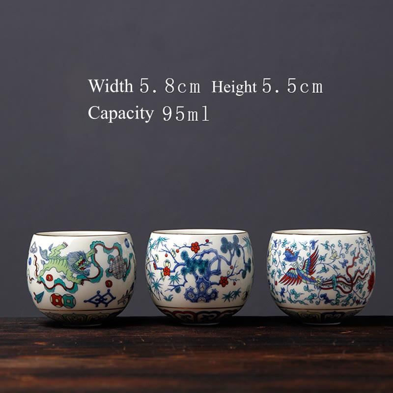 Buddha Stones Ceramiczne filiżanki do herbaty Vintage Plum Blossom Pine Bamboo Phoenix Kirin Lion Dancing