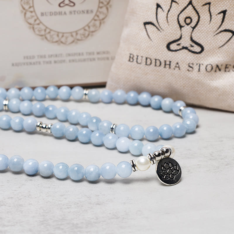 Buddha Stones 108 Mala Koraliki Akwamaryn Uzdrawiająca Bransoletka