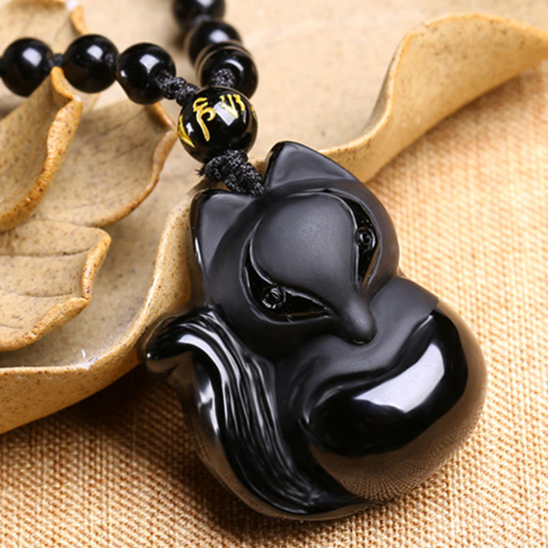 Buddha Stones Naturalny Czarny Obsydian Tygrysie Oko Lodowy Obsydian Lis Wisiorek Amulet Naszyjnik