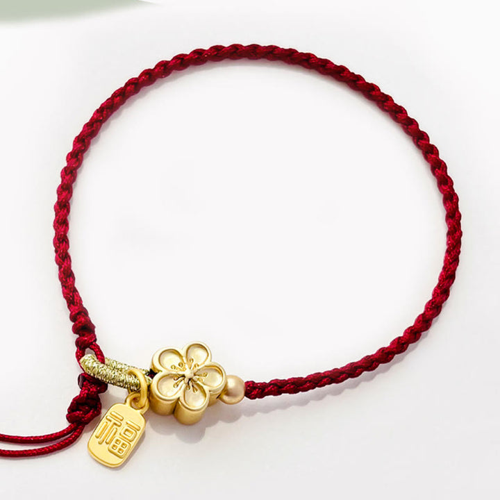 Buddha Stones Ręcznie Robione Brzoskwiniowe Kwiaty Rozeta Kokarda Węzeł Fu Charakter Charm Szczęście Fortuna Czerwona Bransoletka Lina