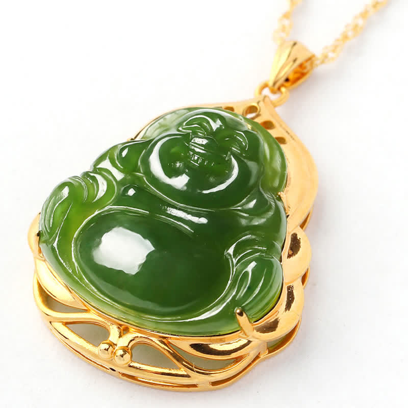 925 Srebro Sterling Naturalny Hetian Cyan Jade Śmiejący się Budda 18K Złoty Naszyjnik Uzdrawiający Łańcuszek Wisiorek - image 8