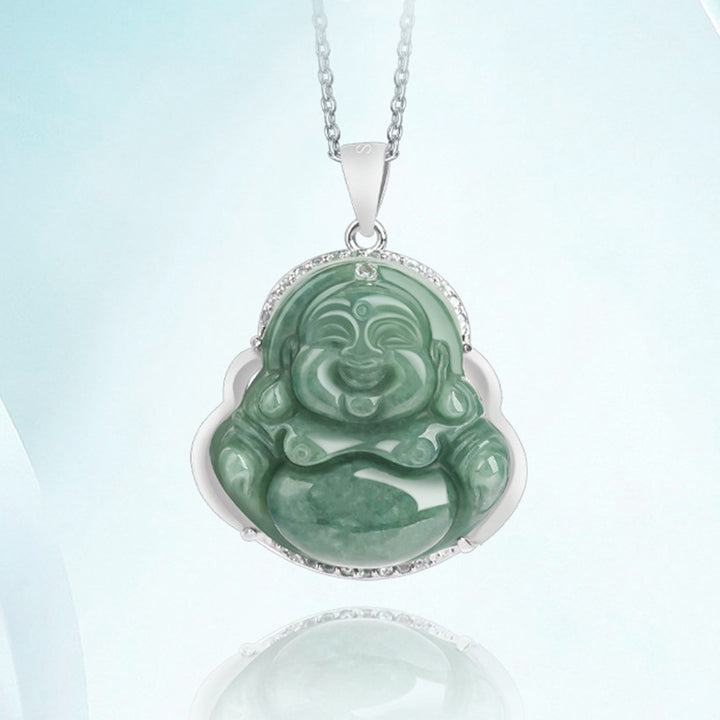 Buddha Stones 925 Srebro Sterlingowe Śmiejący się Budda Jadeit Obfitość Naszyjnik Łańcuszek Wisiorek - image 5