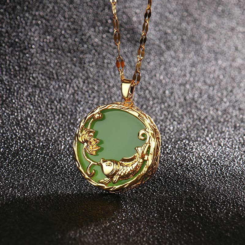 Buddha Stones Naturalny Jade Koi Fish Lotus Luck Naszyjnik Wisiorek - Jadeit cyjanowy - image 1