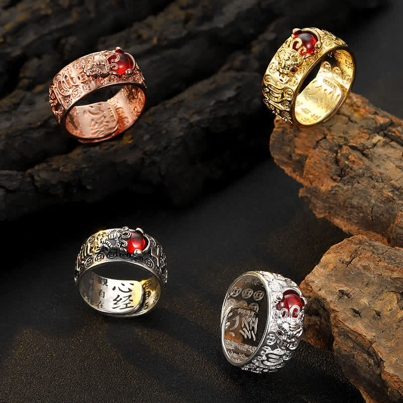 Buddha Stones FengShui PiXiu Czerwony Granat Serce Sutra Pierścień Bogactwa